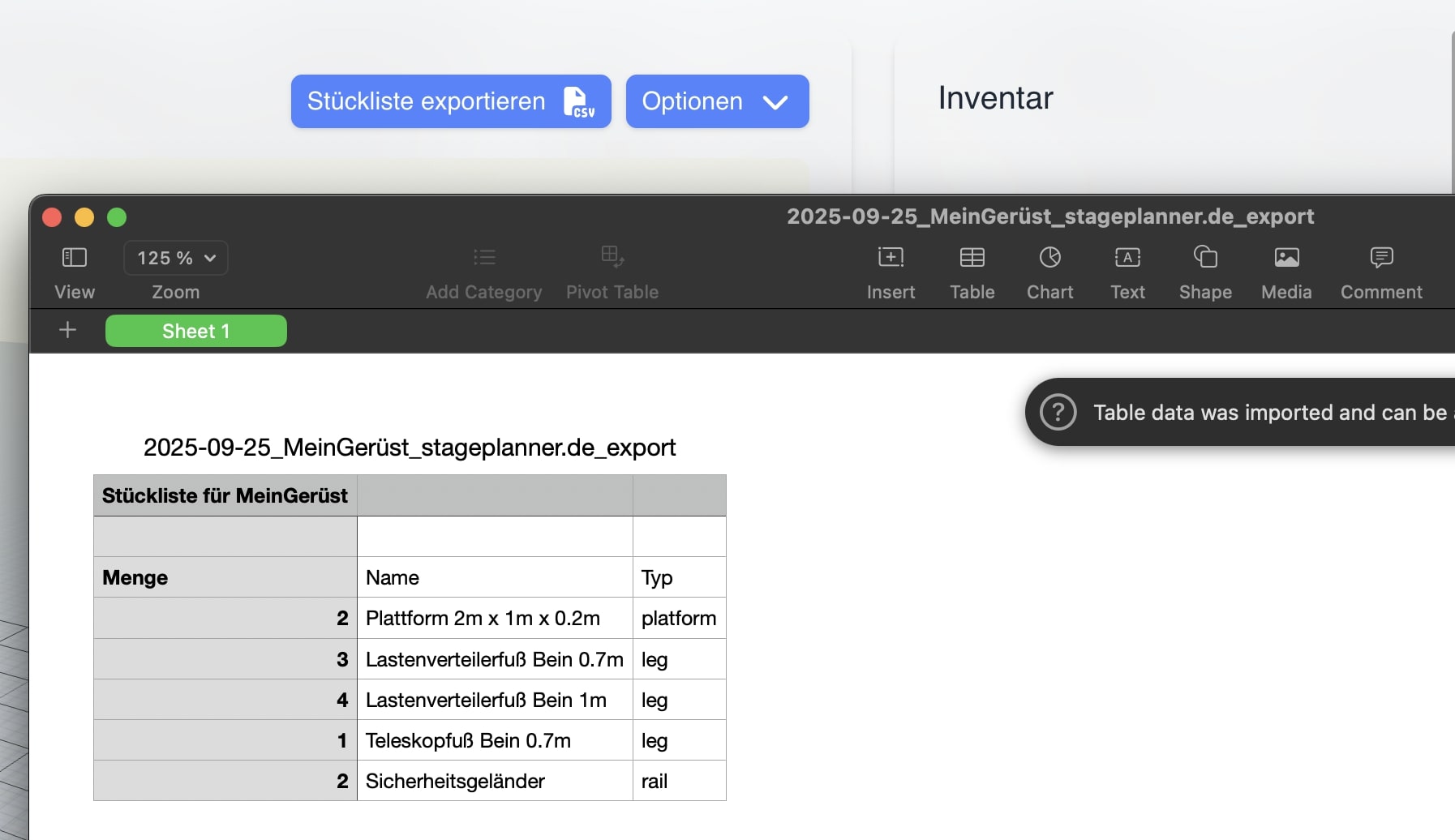 Export der Stückliste als CSV